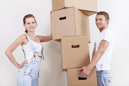 Packed office furniture and equipment ready for relocation