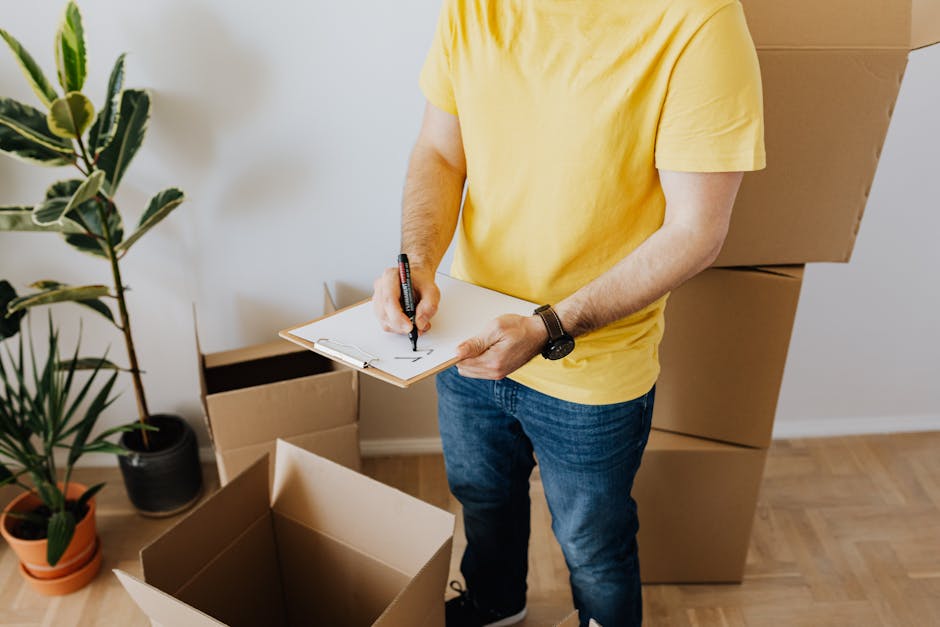 A person wearing a yellow T-shirt and blue jeans stands inside a room surrounded by several large cardboard boxes, some of which are open and empty while others are stacked against the wall. They are holding a clipboard in one hand and using a black marker with the other to record information, likely related to a home relocation or packing process. The room has wooden flooring and is decorated with a potted plant with broad green leaves placed on the floor near the boxes. The lighting is natural, and the scene depicts a stage of packing and moving preparation typical of professional removals services like those provided by Ilford Man and Van, involving furniture transport and loading equipment.